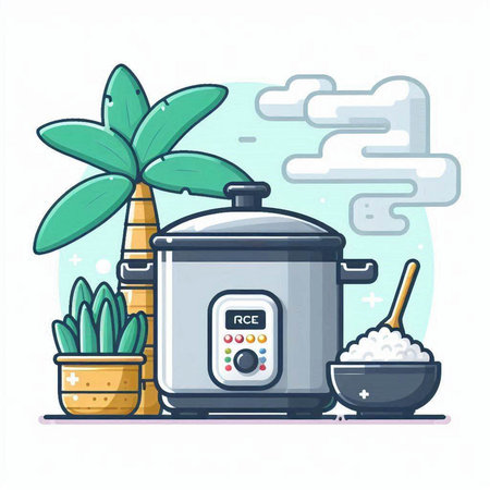 Vector illustration of a rice cooker with rice, coconut and palm tree in the background.のイラスト素材