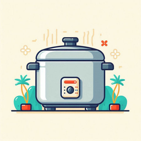Vector illustration of a cooking pot in flat style on the background of plants.のイラスト素材