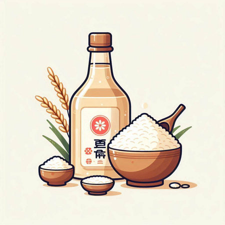Illustration of rice and sake bottle with rice grains. Vector illustration.のイラスト素材