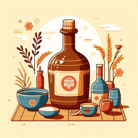 Japanese sake bottle with rice and sesame seeds. Vector illustration.のイラスト素材