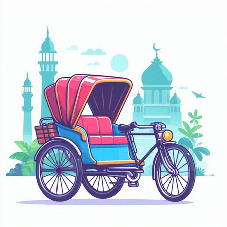 Rickshaw in front of mosque. Vector illustration in flat styleのイラスト素材