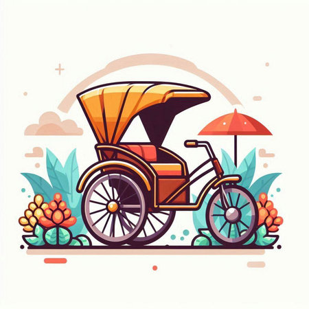 Tricycle vector illustration in flat cartoon style with flowers, leaves and umbrellaのイラスト素材