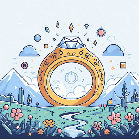 Diamond ring in the mountains. Vector illustration in doodle styleのイラスト素材