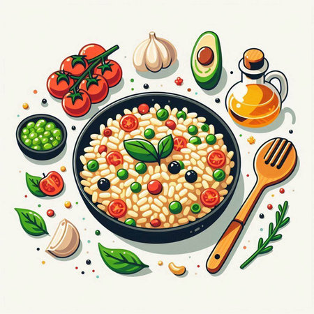 Risotto with green peas and tomatoes in a frying pan. Vector illustration.のイラスト素材