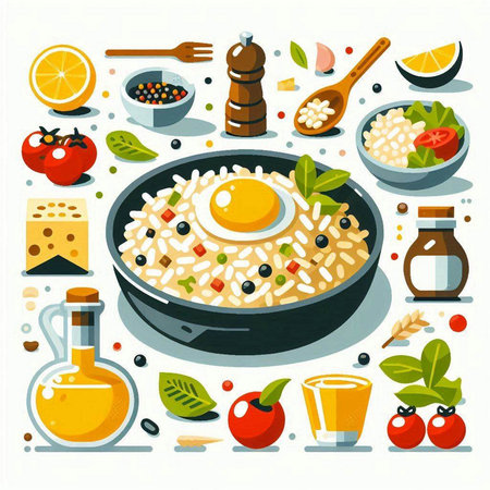 Rice porridge in a frying pan with ingredients. Vector illustration.のイラスト素材
