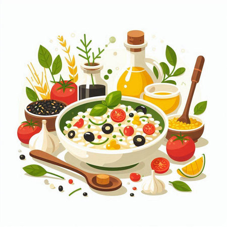 Oatmeal porridge with vegetables and herbs. Healthy food. Vector illustrationのイラスト素材