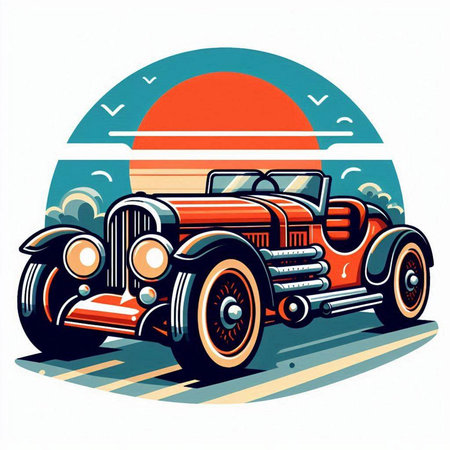 Vintage car on the road at sunset. Hand drawn vector illustration.のイラスト素材