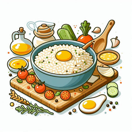 Illustration of a bowl of cooked rice with vegetables and eggs.のイラスト素材