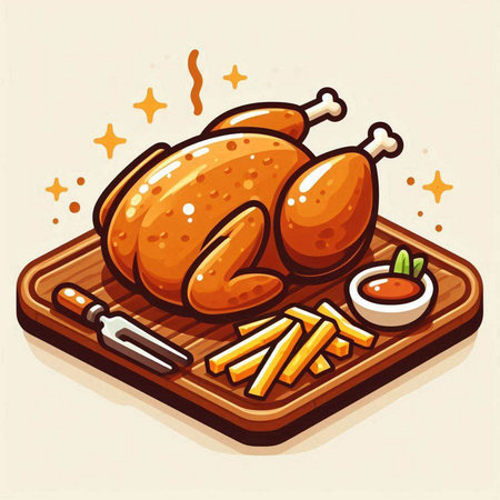 Roast chicken with french fries on wooden board. Vector illustration.のイラスト素材