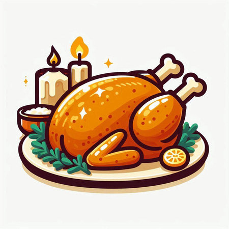 Roast chicken on a plate with candles. Vector illustration in cartoon style.のイラスト素材