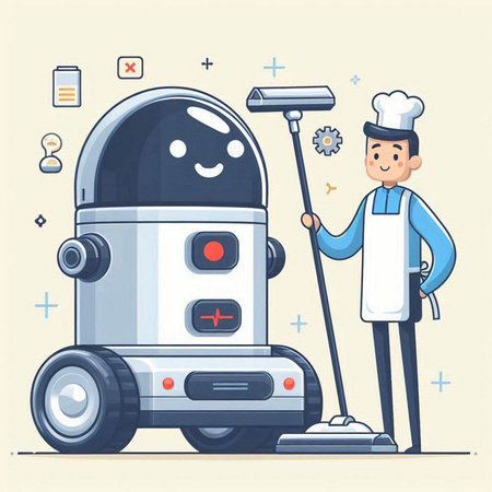 Robot cleaning the house. Vector illustration in flat cartoon style.のイラスト素材