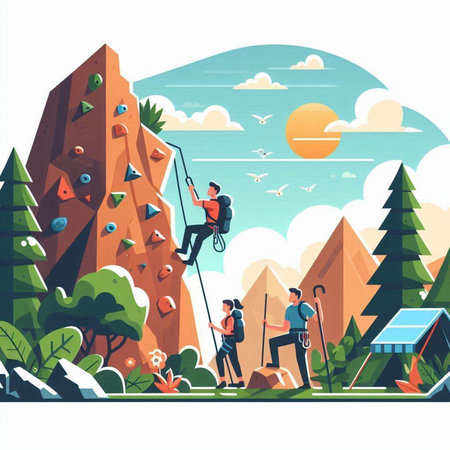 People climbing on the rocks. Flat vector illustration in cartoon style.のイラスト素材