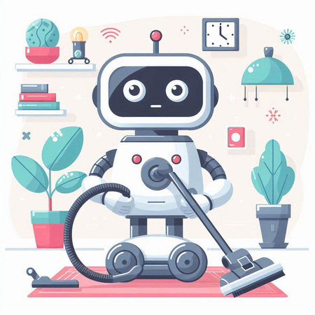 Robot with vacuum cleaner and houseplants. Flat vector illustration.のイラスト素材