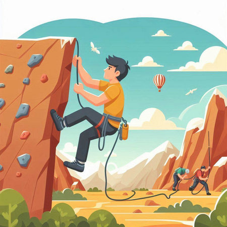 Climbing flat color vector illustration. Man climbing on cliff.のイラスト素材