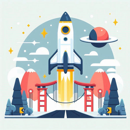 Rocket launch into space. Start up business. Flat design vector illustrationのイラスト素材