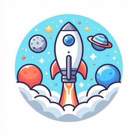 Rocket in space. Vector illustration in flat style. Isolated on white background.のイラスト素材