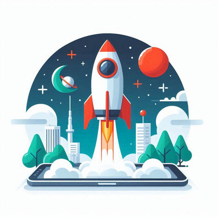 Space rocket launch. Vector illustration in flat cartoon style on white background.のイラスト素材