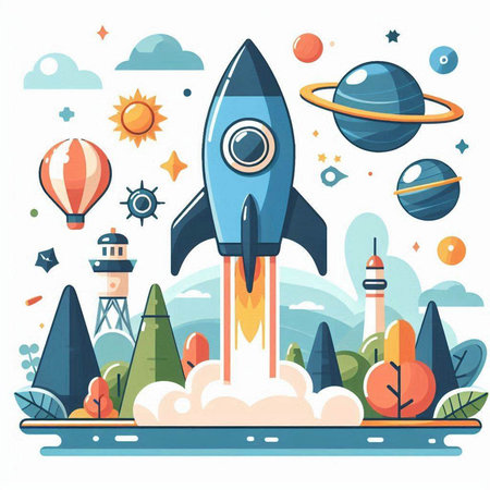 Rocket flying in space. Vector illustration in flat style on white background.のイラスト素材
