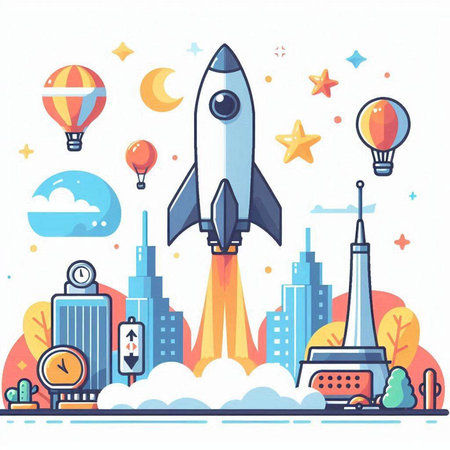 Startup business concept. Vector illustration in flat design style with rocket, cityscape, buildings and balloons.のイラスト素材