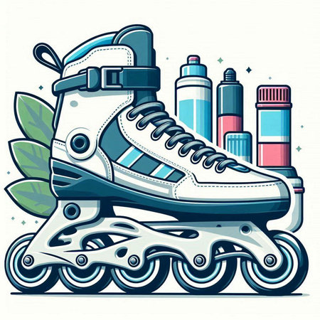 Vector illustration of roller skates and bottles of water. Skateboard, rollerblading, sport equipment.のイラスト素材