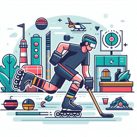 Hockey player on roller skates. Vector illustration in flat styleのイラスト素材