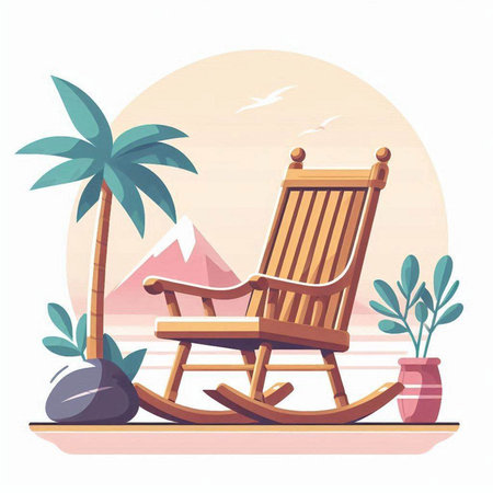Wooden rocking chair on the beach. Vector illustration in flat styleのイラスト素材