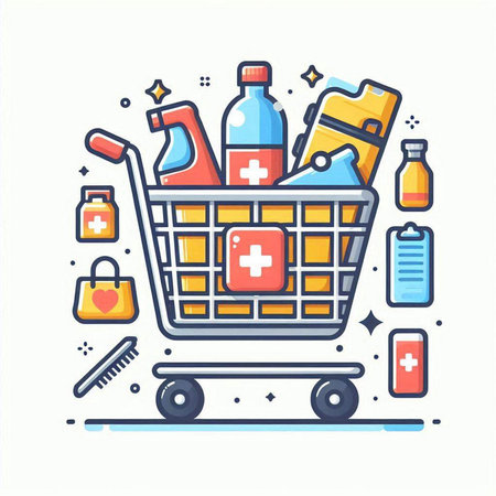 Shopping cart with medical items. Vector illustration in thin line style.のイラスト素材