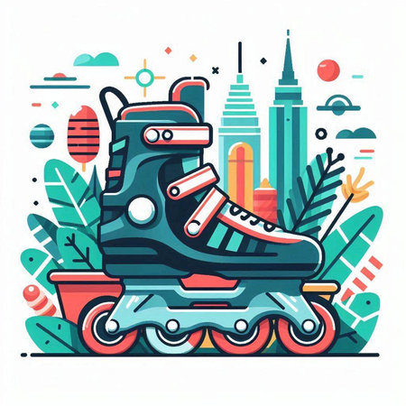 Roller skates on the background of the city. Vector illustrationのイラスト素材
