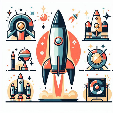 Rocket, spaceship, space ship and rocket icon set. Vector illustrationのイラスト素材