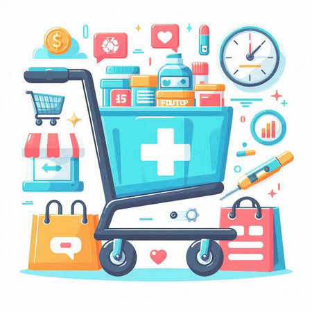Shopping cart with medical items. Vector illustration in flat style.のイラスト素材