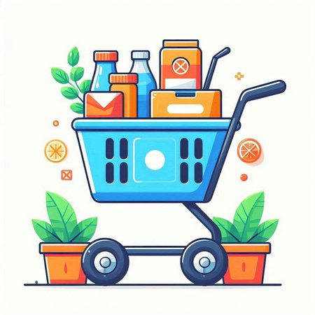Shopping cart with food and drinks. Flat design vector illustration.のイラスト素材