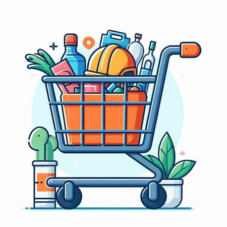 Shopping cart full of products. Vector illustration in flat style.のイラスト素材