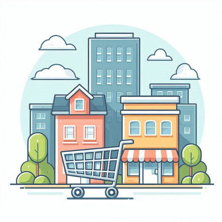 Colorful flat vector illustration of shopping cart in front of houses.のイラスト素材