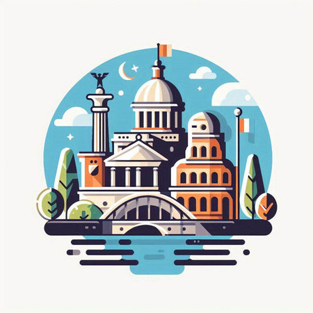 Travel and tourism icons set with famous buildings and landmarks isolated vector illustrationのイラスト素材