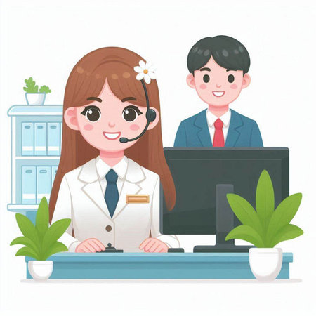 Doctor and receptionist in call center. Vector illustration on white background.のイラスト素材