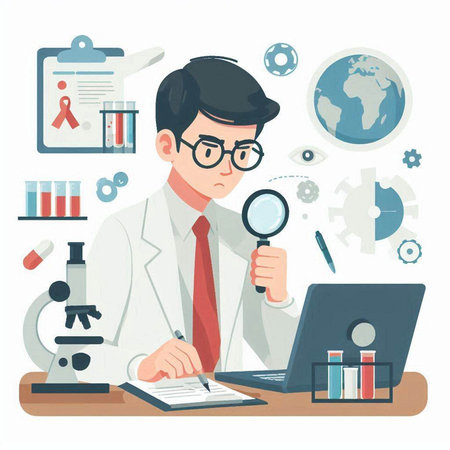 Scientist working with microscope in laboratory. Vector flat cartoon illustration.のイラスト素材