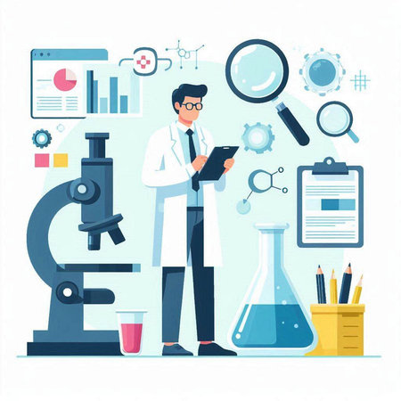 Scientist in white coat working with microscope and test tubes. Vector illustration in flat styleのイラスト素材
