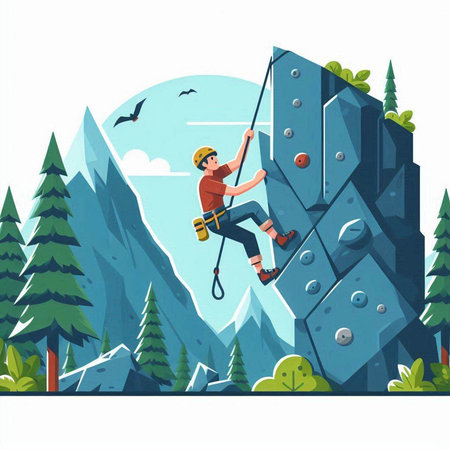 Cartoon rock climber in helmet climbing on a cliff. Vector illustrationのイラスト素材