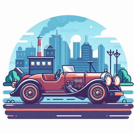 Retro car in the city. Vector illustration in cartoon style.のイラスト素材