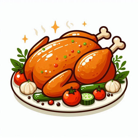 Roasted chicken with vegetables on a white background. Vector illustration.のイラスト素材