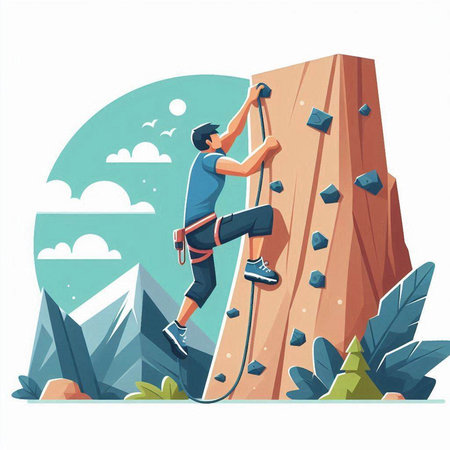 Climber climbs the mountain. Vector illustration in flat style.のイラスト素材