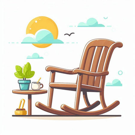 Wooden rocking chair in the garden. Vector illustration in cartoon style.のイラスト素材