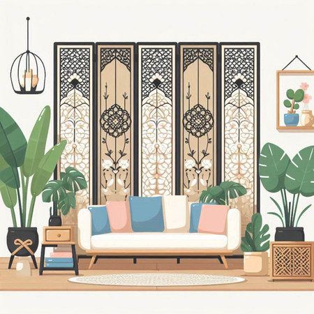 Interior of living room with furniture and plants. Vector illustration.のイラスト素材