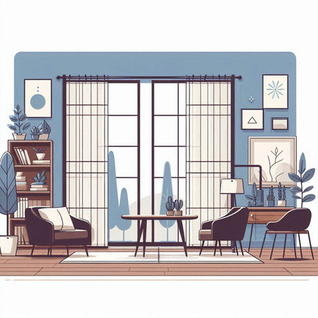 Living room interior with furniture and plants. Vector illustration in flat style.のイラスト素材