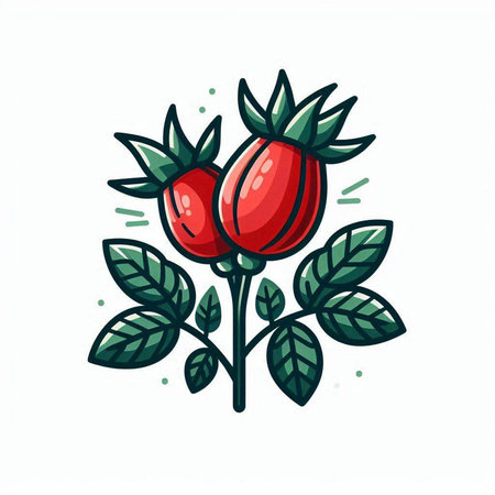 Rosehip branch with berries and leaves. Hand drawn vector illustration.のイラスト素材