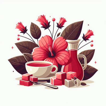 Vector illustration of a red flower with green leaves and red hearts.のイラスト素材