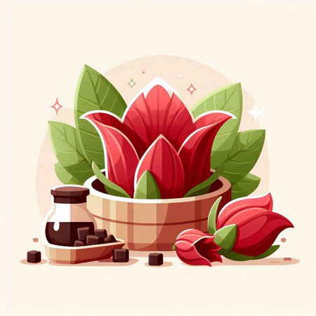 Cocoa flower in wooden bowl. Vector illustration in flat styleのイラスト素材