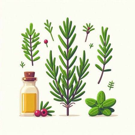 Illustration of rosemary, thyme, basil and essential oilのイラスト素材