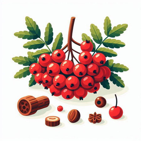 Bunch of red rowan berries with leaves and cinnamon sticks. Vector illustration.のイラスト素材