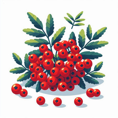 Bunch of rowan berries with green leaves. Vector illustration.のイラスト素材